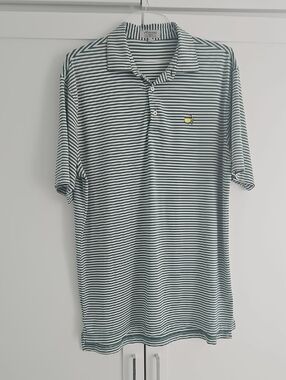 Peter Millar Striped Green & White Polo with Embroidered Masters Logo